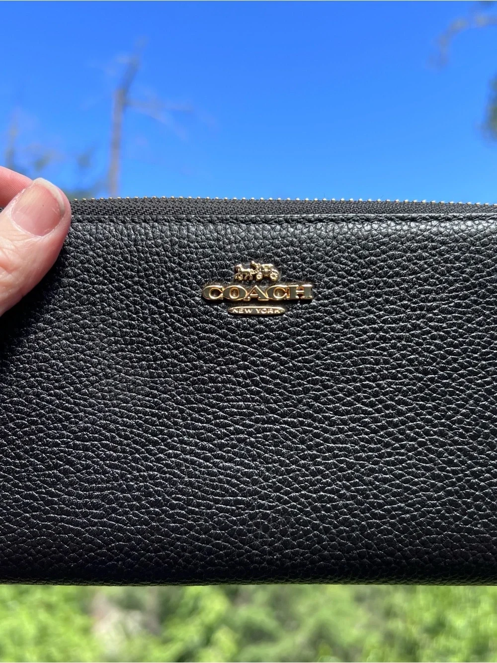 COACH Long Zip-Around Black Pebble Leather Wallet with Gold Hardware AUTHENTIC